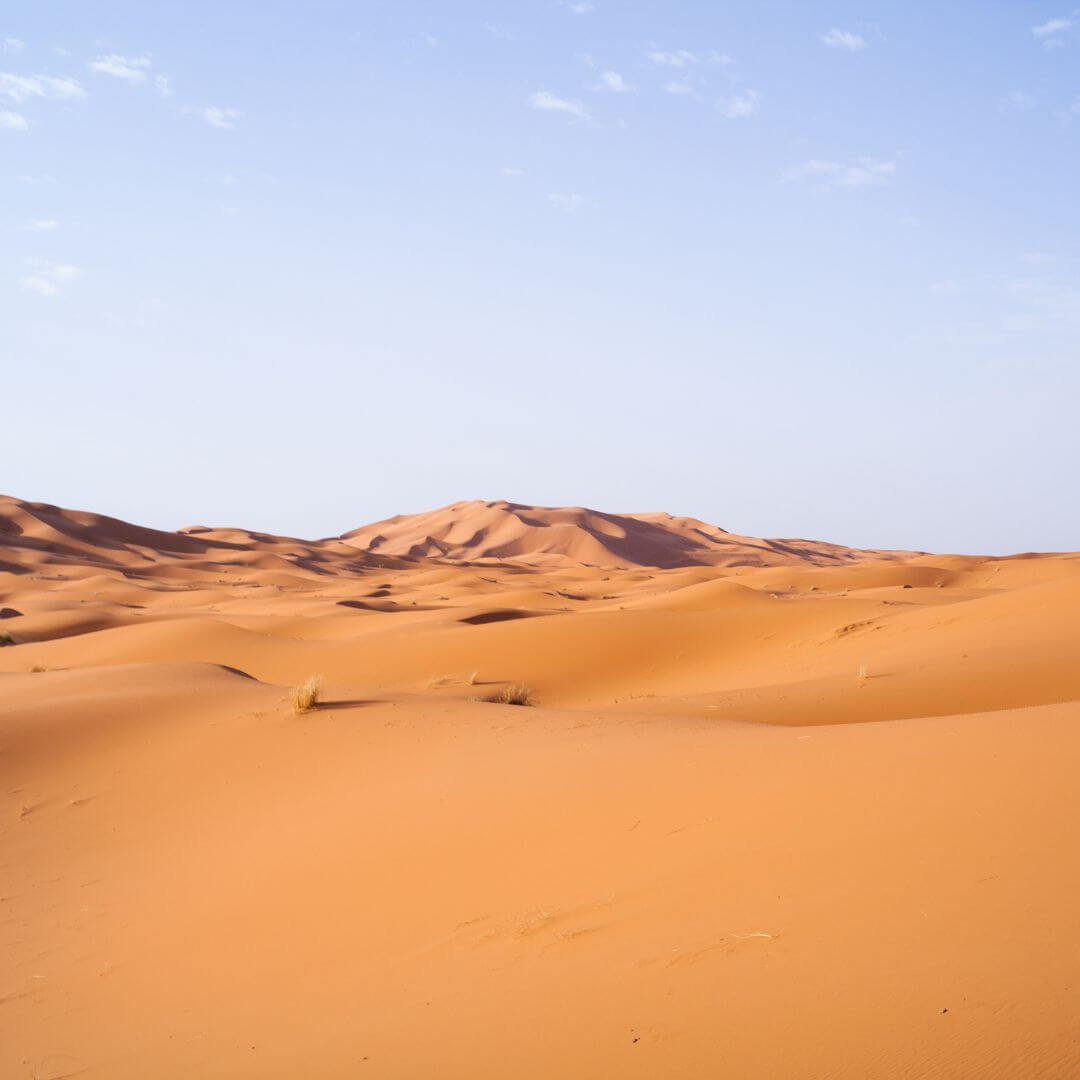 صورة لكثبان رملية ذهبية شاسعة في صحراء مرزوكة تحت أشعة شمس الصباح الدافئة مع سماء صافية وزرقاء تعكس جمال الطبيعة الصحراوية